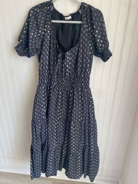 Smocked Waist Black Floral Midi Dress with Puff Sleeves